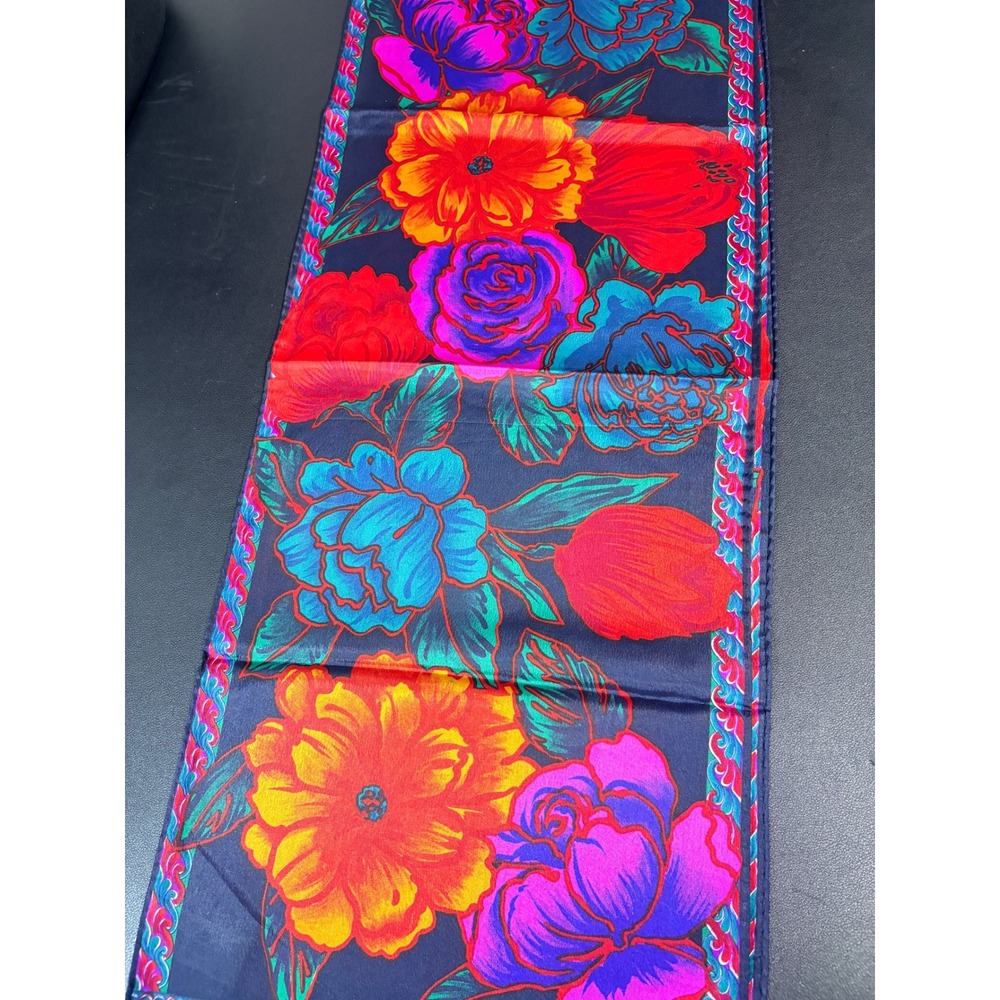 Liz Claiborne Vintage Floral Scarf Navy Blue Red Purple Rectangular 52x10 - Picture 2 of 5